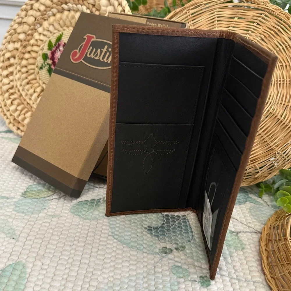 New Justin Men's Rodeo Wallet Brown Suede Genuine Leather RFID Checkbook Western